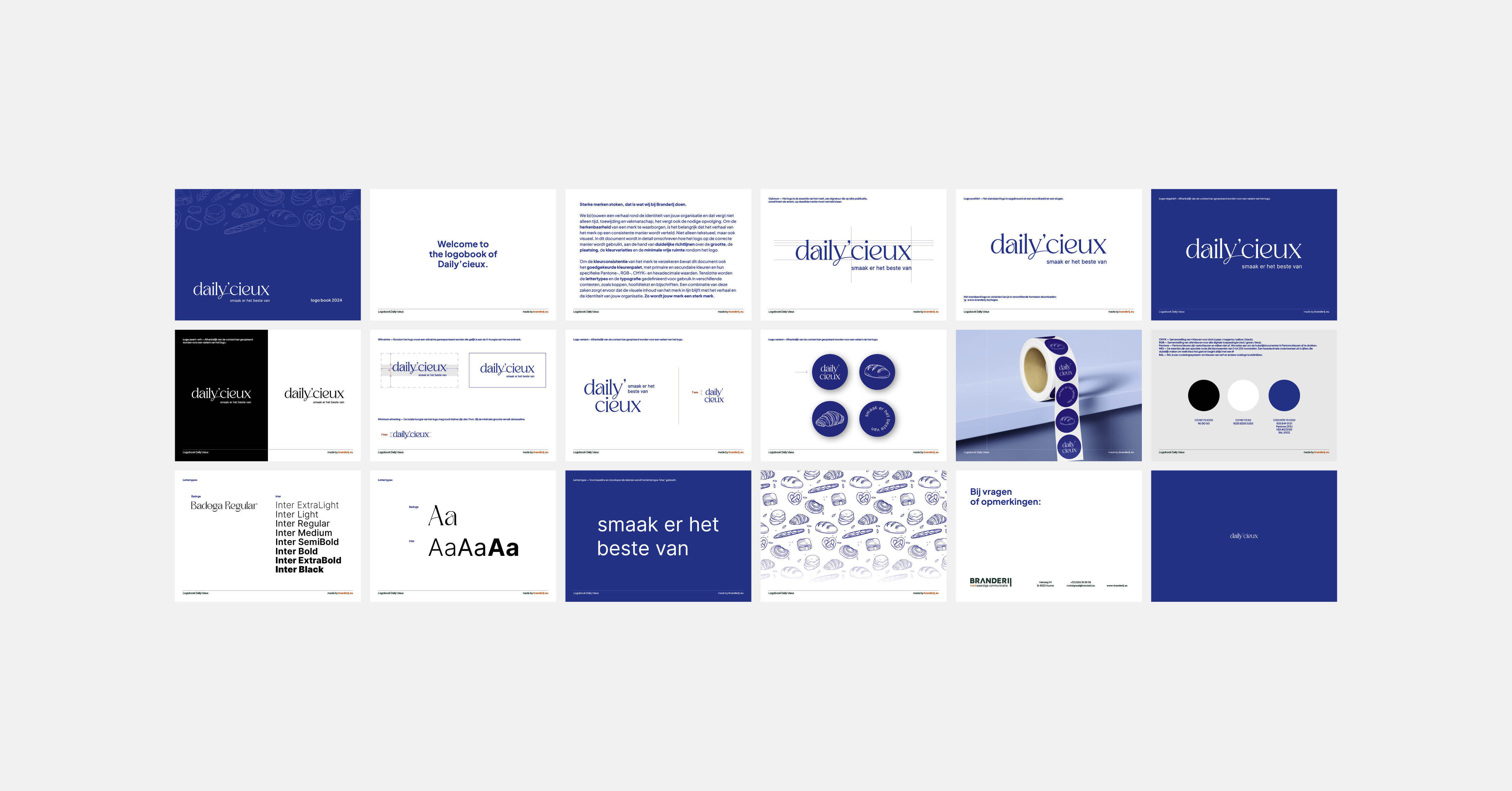 Overzicht van het brandingconcept voor Daily'Cieux, inclusief logo, typografie, kleurenpalet, slogan en merktoepassingen zoals stickers en verpakkingen.