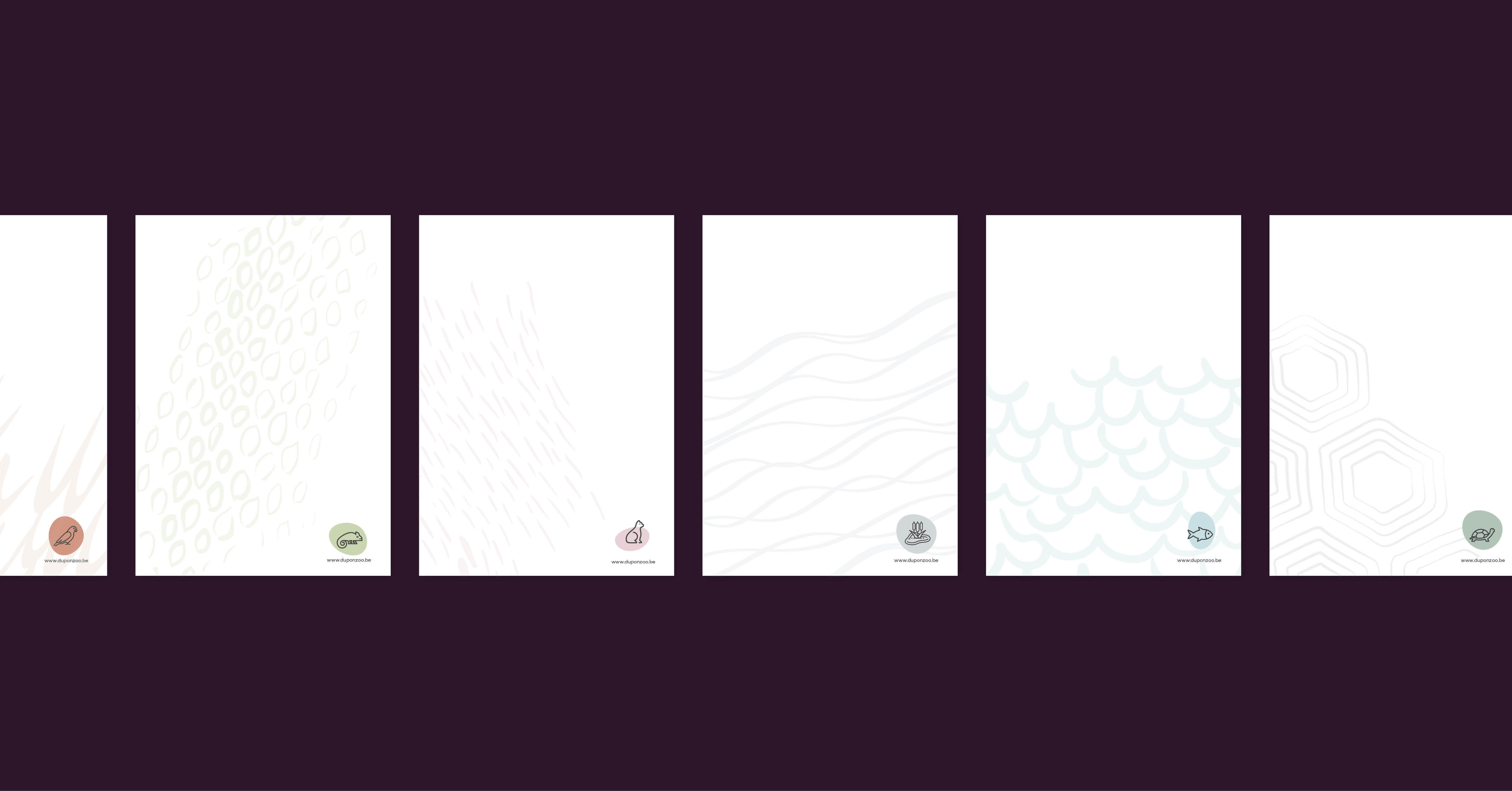Een overzicht van een 6-tal A4 documenten met de icons, kleuren en patronen van elke categorie binnen Duponzoo