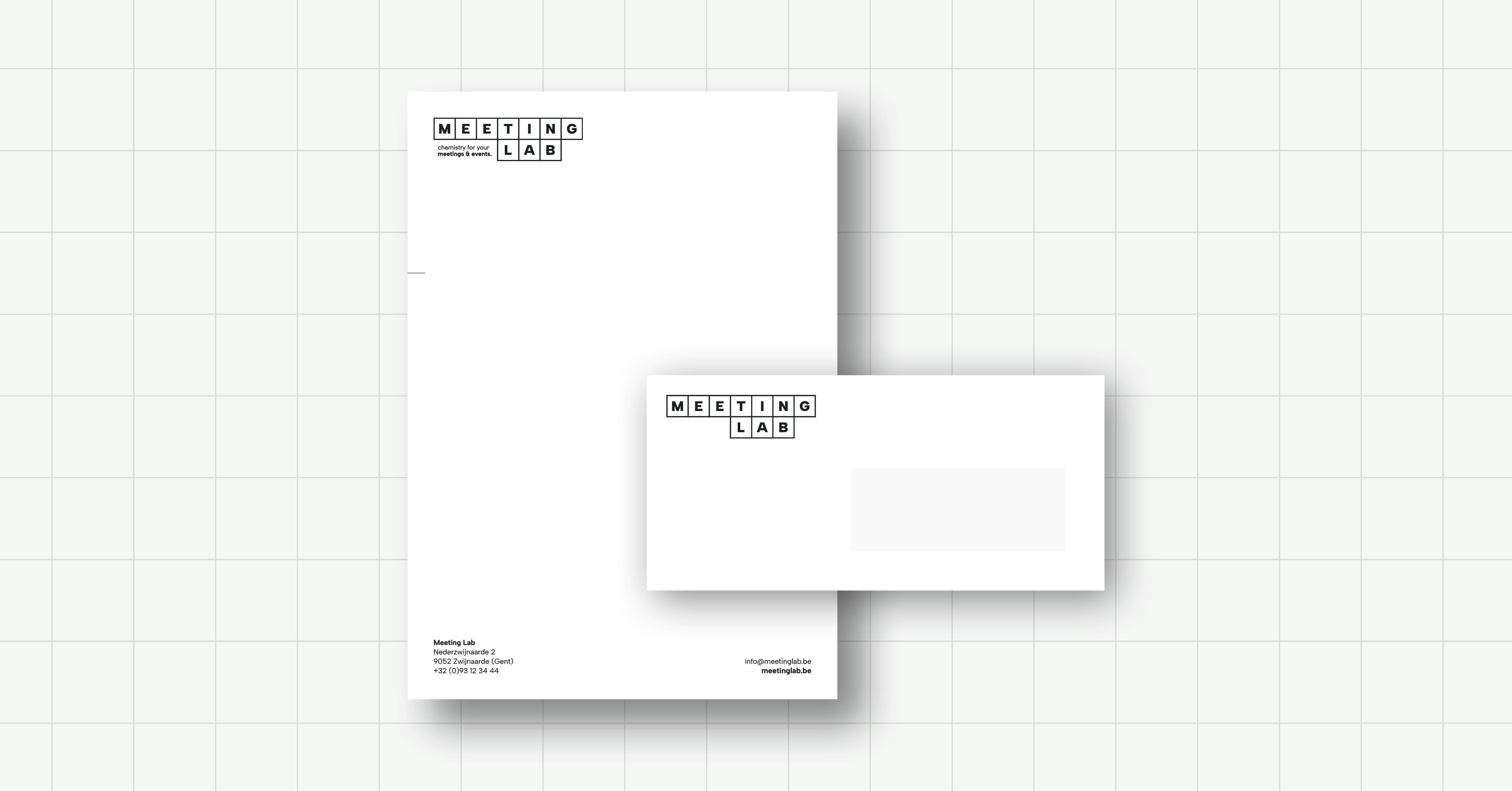 mockup van huisstijldocumenten: briefhoofd en omslag van Meeting Lab
